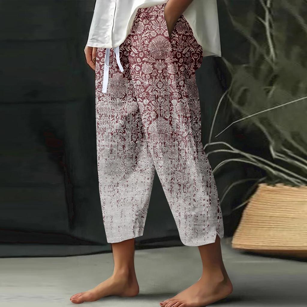 Women's Wide Leg Pants High Waist Casual Print Lace-up Elastic Waist Loose Casual Pants Cropped Pants