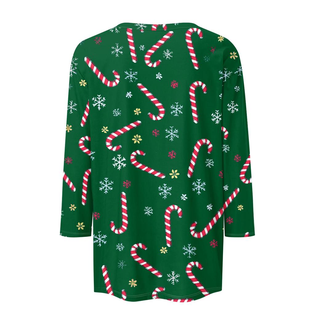 Damska modna i codzienna bluzka z rękawem trzy czwarte, z okrągłym dekoltem i nadrukiem świątecznym