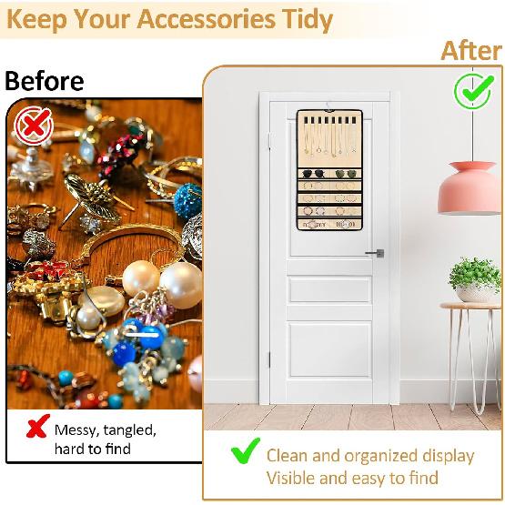Hanging Jewelry Organizers and Storage, Double-Sided Jewelry Necklace Holder for Jewelries, Earrings, Accessories, Rings on Closet, Door, Wall