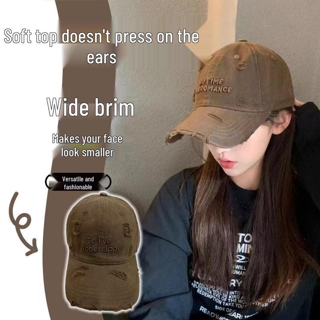 2025 Embroidered Letter Ripped Baseball Cap with Widened Brim for a Slimmer Look - Unisex Casual Soft Top Cap