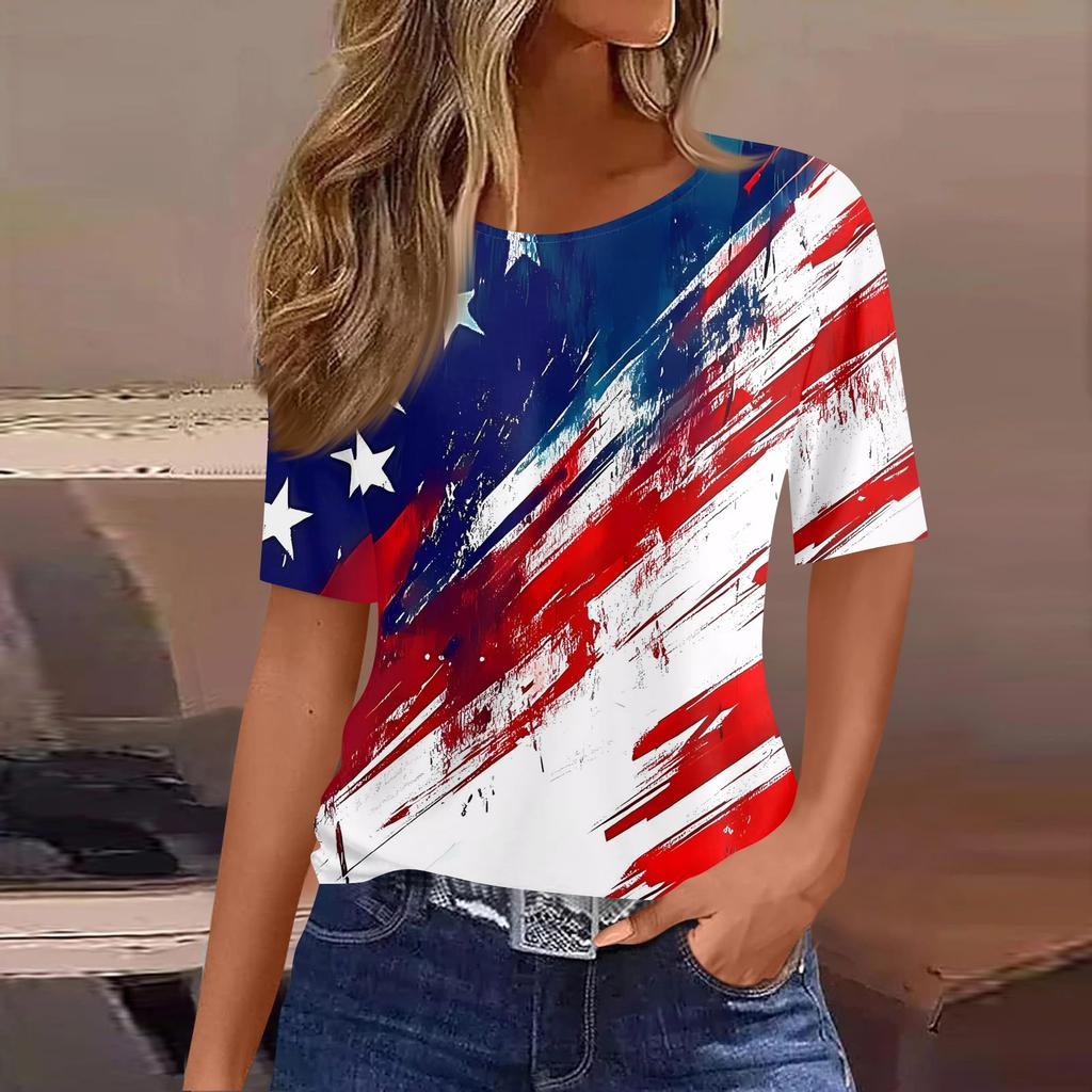 Women's Fashionable Casual Short Sleeve Print Round Neck Pullover Top