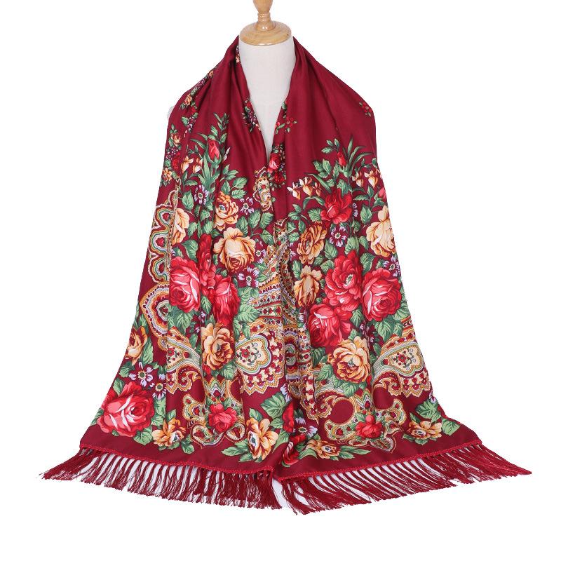 Scarf Women Flower Shawl Autumn And Winter Foulard Warmth Vintage Tassel Hijab Warp Printed Headscarf Bandana