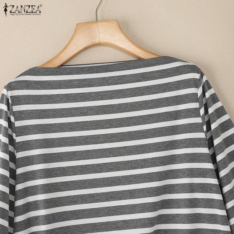 ZANZEA Women Casual Round Neck Loose 3/4 Sleeve Stripe Blouse