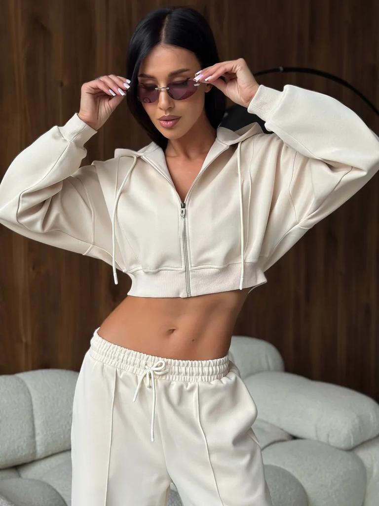 European and American Style Hooded Short Sweater Wide-leg Pants Suit Women, Autumn New Zipper Casual Sports Two-piece Set