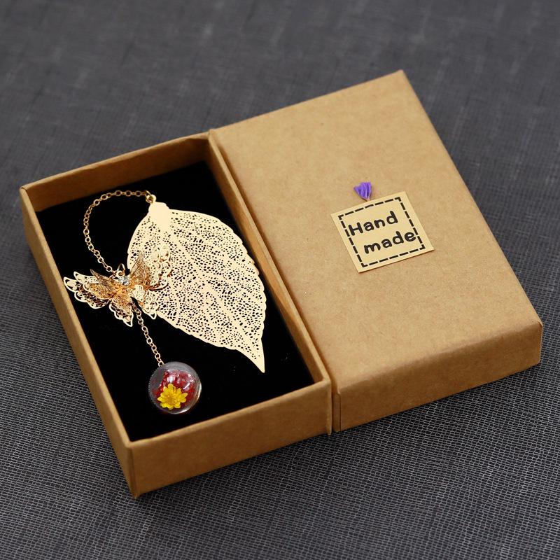 Classical Chinese Style Cicada Wing Metal Feather Bookmark with Leaf, Butterfly, and Dried Flower Accents