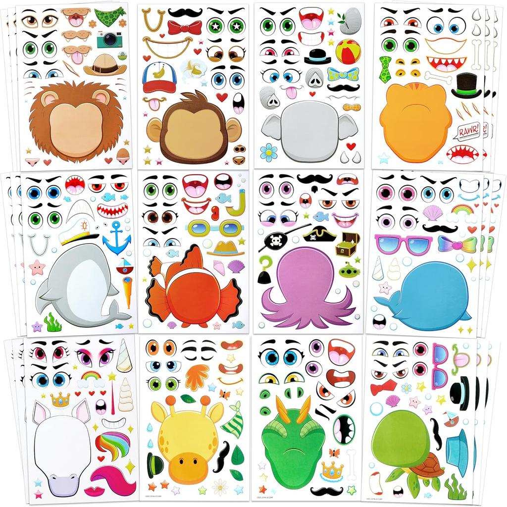 36 Sheets Make A Face Stickers For Kids - Diy Animal Crafts With Unicorn Dinosaur Sea Safari Animals Party Favors Classroom Activities
