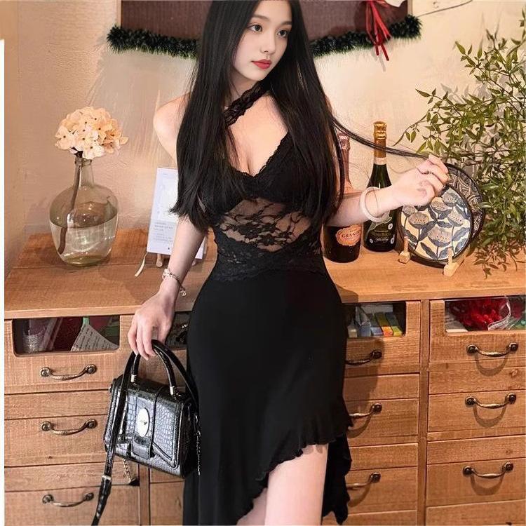 Design Sense Dark Nightclub Style Irregular Niche Lace Hollow Sexy Spice Girl Suspender Versatile Dress Women
