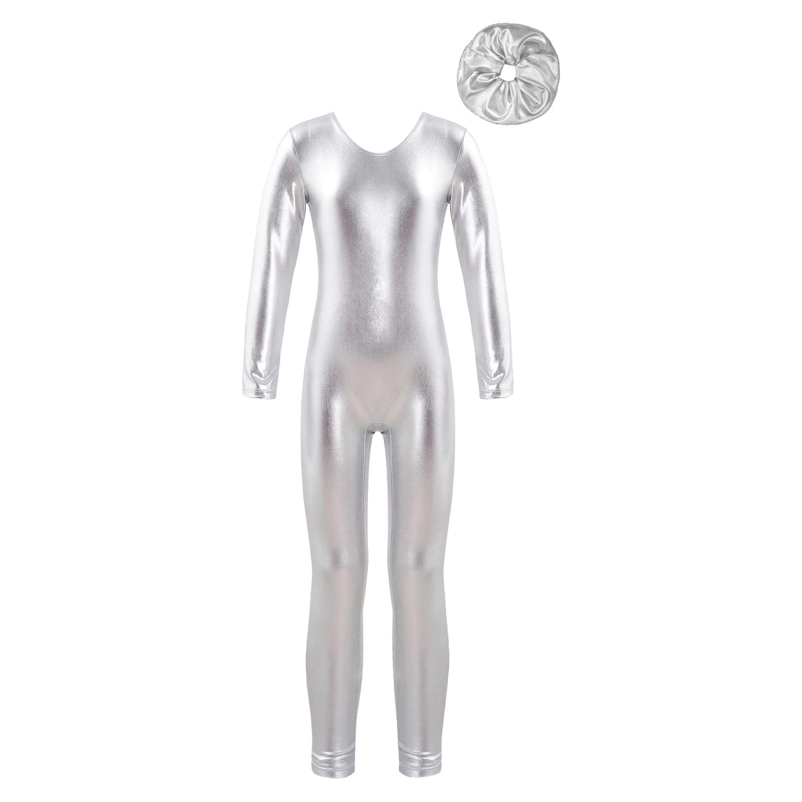 

Girls Metallic Dance Jumpsuit Long Sleeve Round Neck Zipper Back Design Performance Wear Gymnastics Skating Outfit 13-14 Years срібний