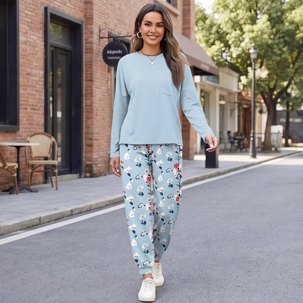Women's Casual Loose Fit Printed Sweatshirt and Jogger Set with Chest Pocket - Round Neck 2 Piece Outfit for Daily Wear