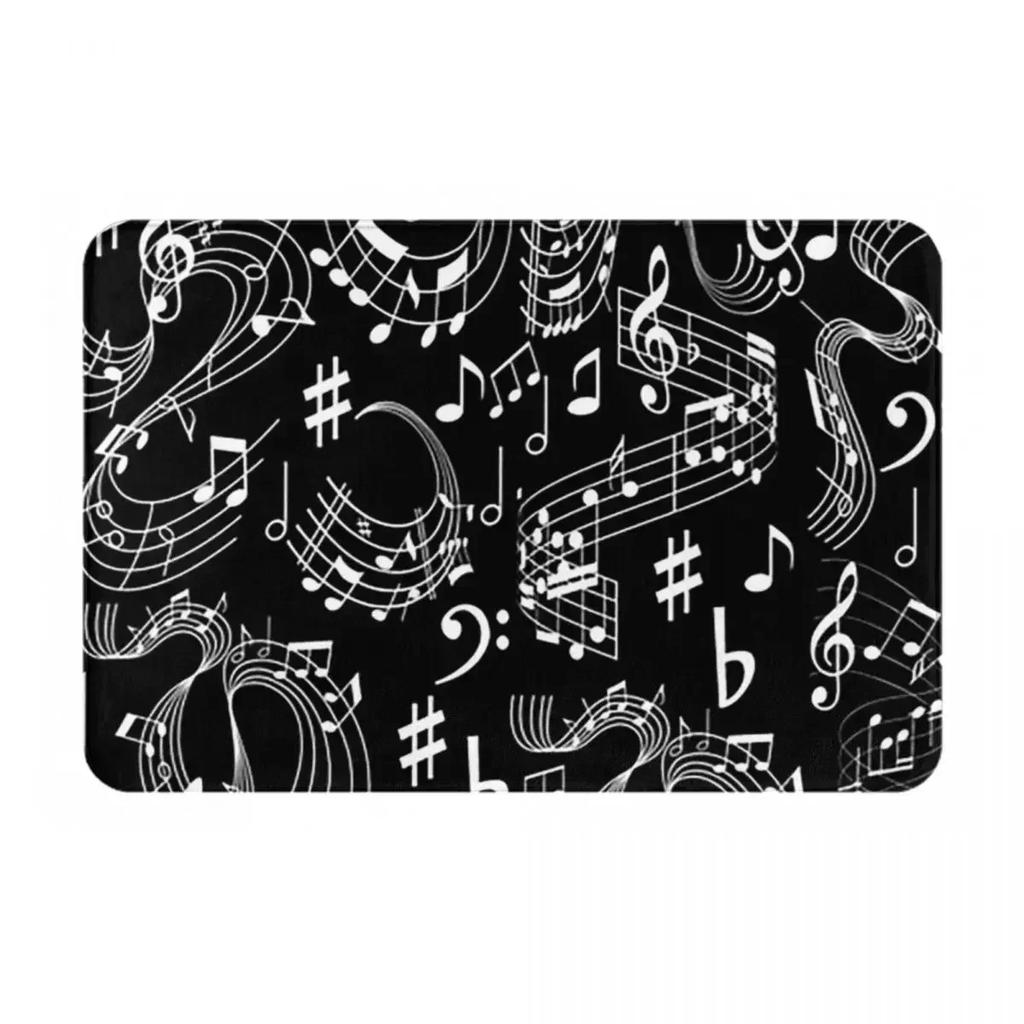 Melodic Music Notes Floor Mat - Elegant Black and White Décor for Living Rooms, Perfect for Music Lovers and Home Accents