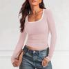 Women's Square Neck Long Sleeve Slim Fit Contrast Trim Ribbed Knit Basic Tee Fashion Crop Top