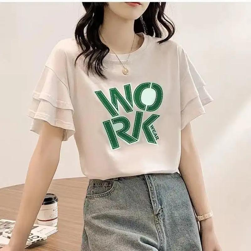 Womens Letter Print Round Neck Double Ruffle Sleeve Loose Casual T Shirt S бежевый