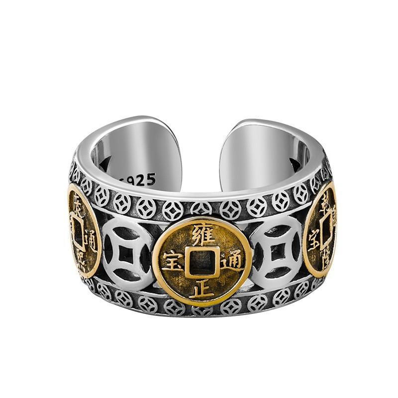 Five Blessing Coins and Five Emperor Coins Open Ring for Men and Women Hundred-character Blessing Index Finger Ring