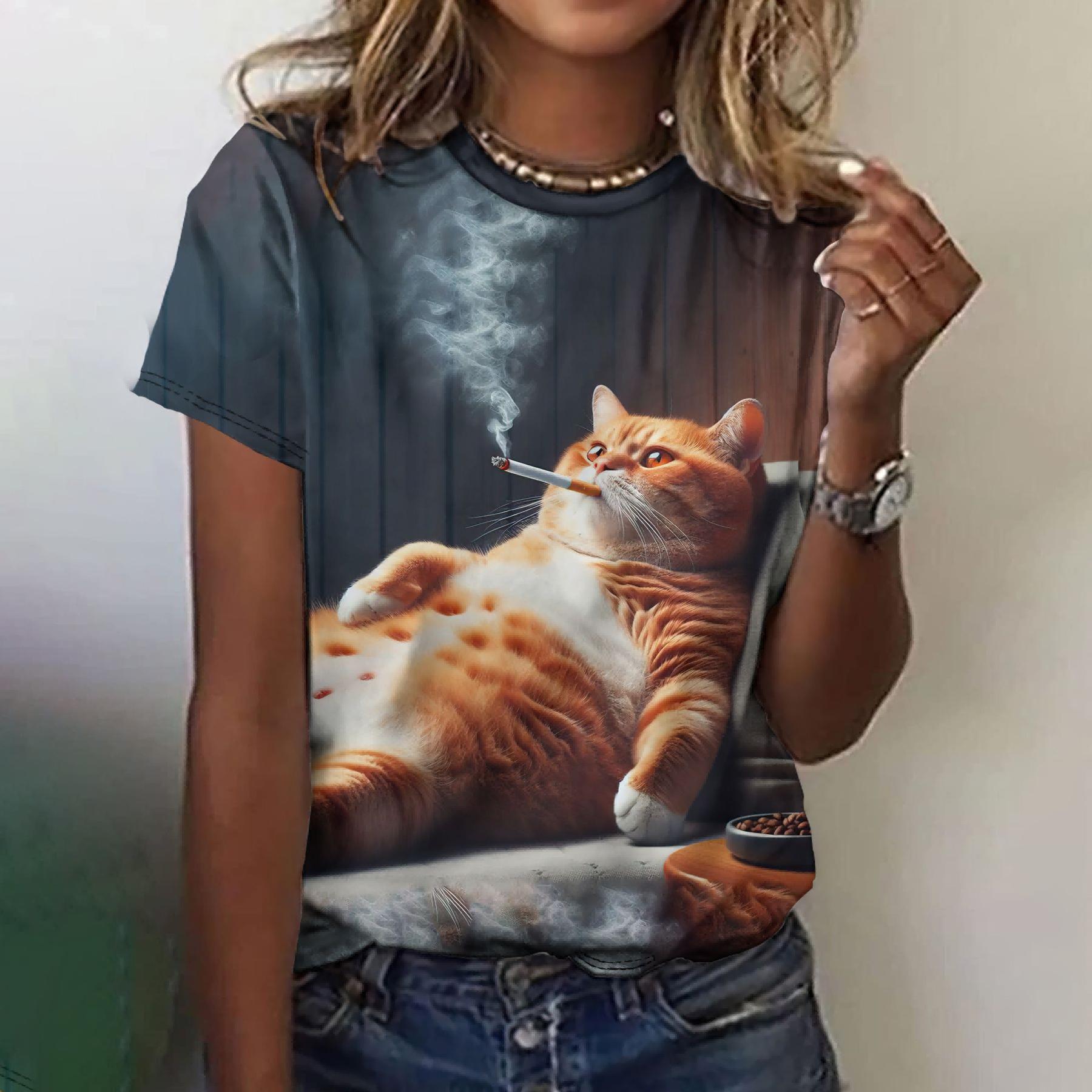 

Модная женская футболка с круглым вырезом и забавным принтом кота, летняя повседневная футболка большого размера с круглым воротником и коротким рукавом для женщин 2025 XL