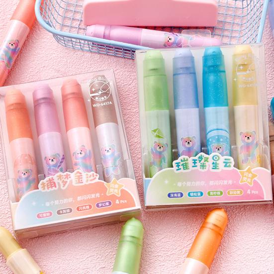 4Pcs Cute Bear Glitter Highlighter Set Large Capacity Pastel Markers for Journaling Notes Smooth Quick-Dry Fun School Supplies for Kids Students