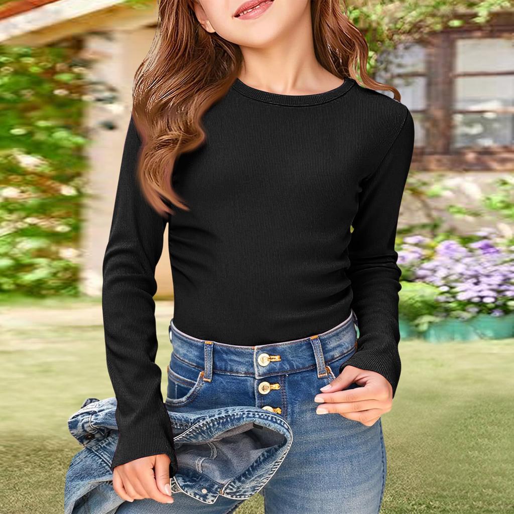 Girls' Ribbed Tee - Long Sleeve Round Neck Casual Top