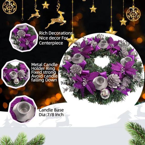 Yousheng 13" Purple Ribbon Christmas Advent Wreath 4 Advent Candles Holder Christmas Centerpiece with Bow Artificial Pine Cones for Winter Holiday