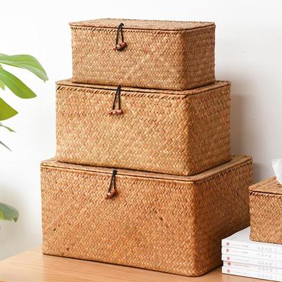 Multi-size Seagrass Storage Basket with Lid Woven Rectangular Shelf Basket Bins Desktop Organizer Chirstmas Gift Basket