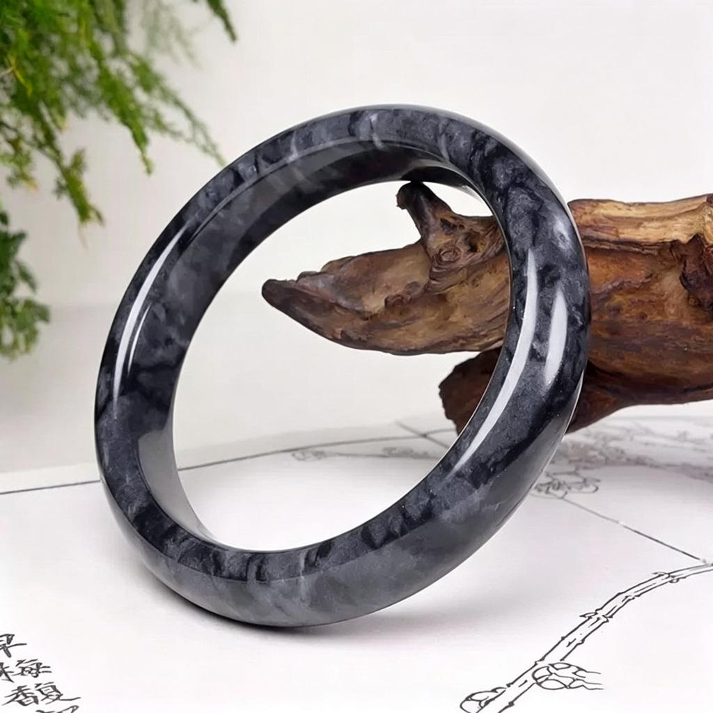 Natural Black Qinghua Jade Bangle, Ink Wash Painting Style Chinese Jade Bracelet, Traditional Calligraphy Art Cuff for Women