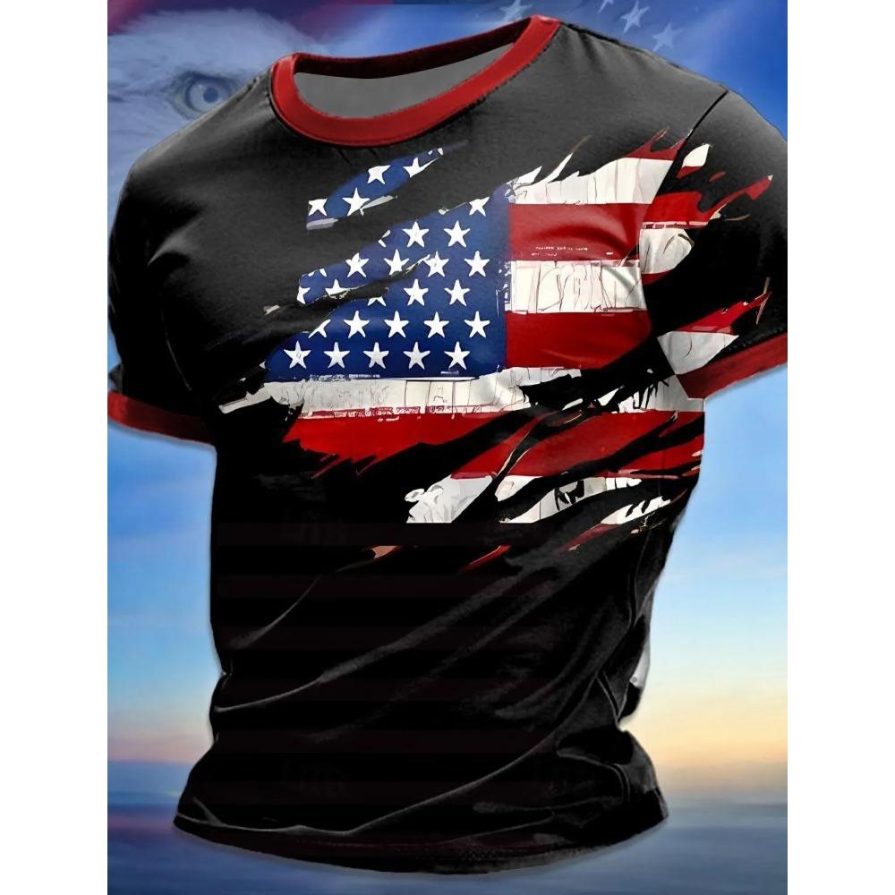 Summer Men's Short Holiday T-shirt Trendy Breathable Top Outdoor Patriotic Soft Round Neck Polyester Top