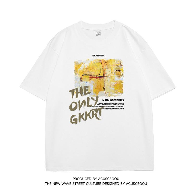 

Мужская одежда, американская теплая цветная футболка с принтом в стиле масляной живописи, летняя футболка из чистого хлопка, модная брендовая модная свободная мужская футболка с короткими рукавами XXXXXL белый