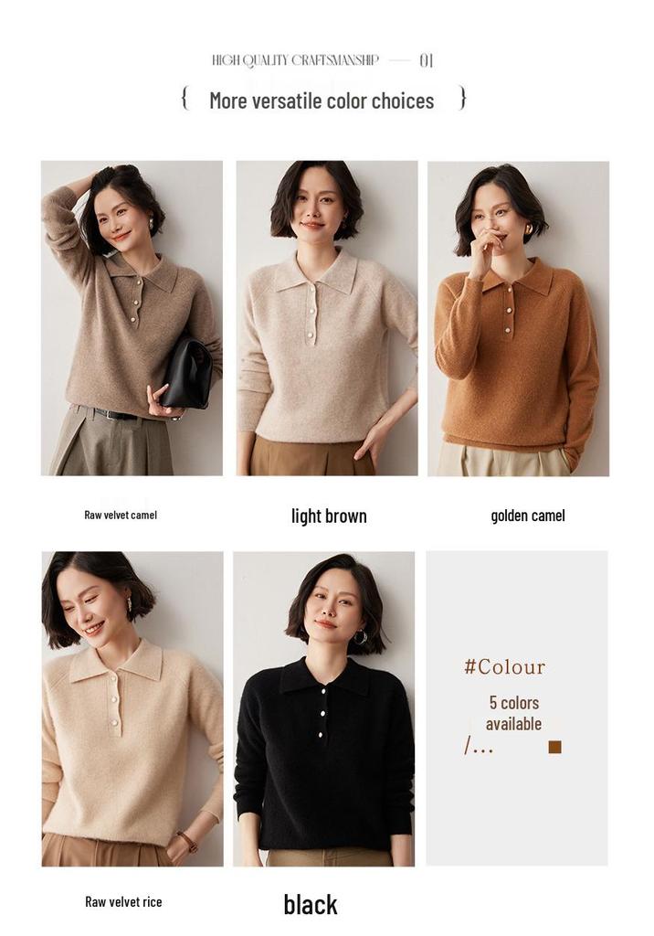 2024 Autumn/Winter Women's Cashmere Polo Neck Buttoned Lapel Pullover