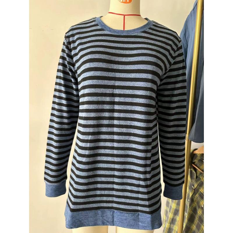 Autumn and Winter Women's Blouse Plus Size Striped Clashing Round Neck Long Sleeve Loose Top