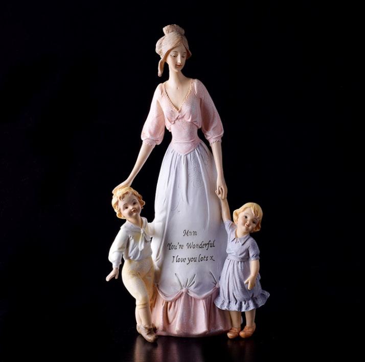 European Retro Resin Mother Child Statue Ornaments Crafts Home Table Mom Children Figurines Miniatures Decoration Love Gifts Art