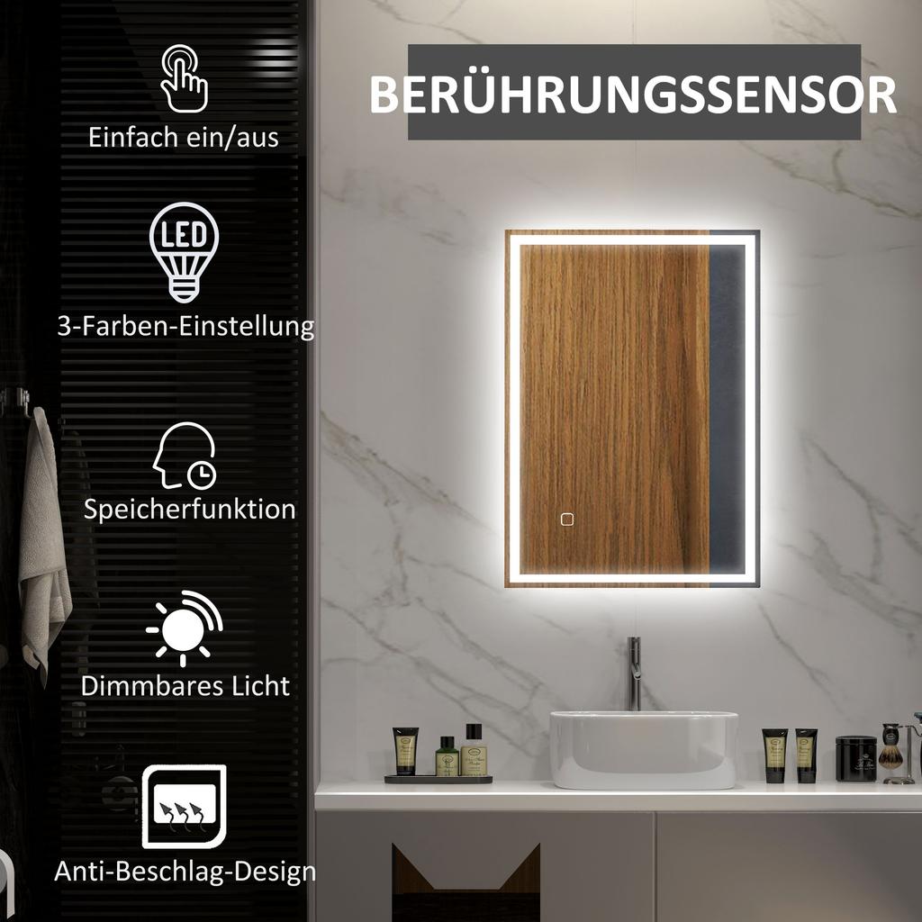 70 x 50cm LED Bathroom Mirror with Lights, Dimmable Makeup Mirror, Vanity Mirror with 3 Colour, Smart Touch, Anti-Fog