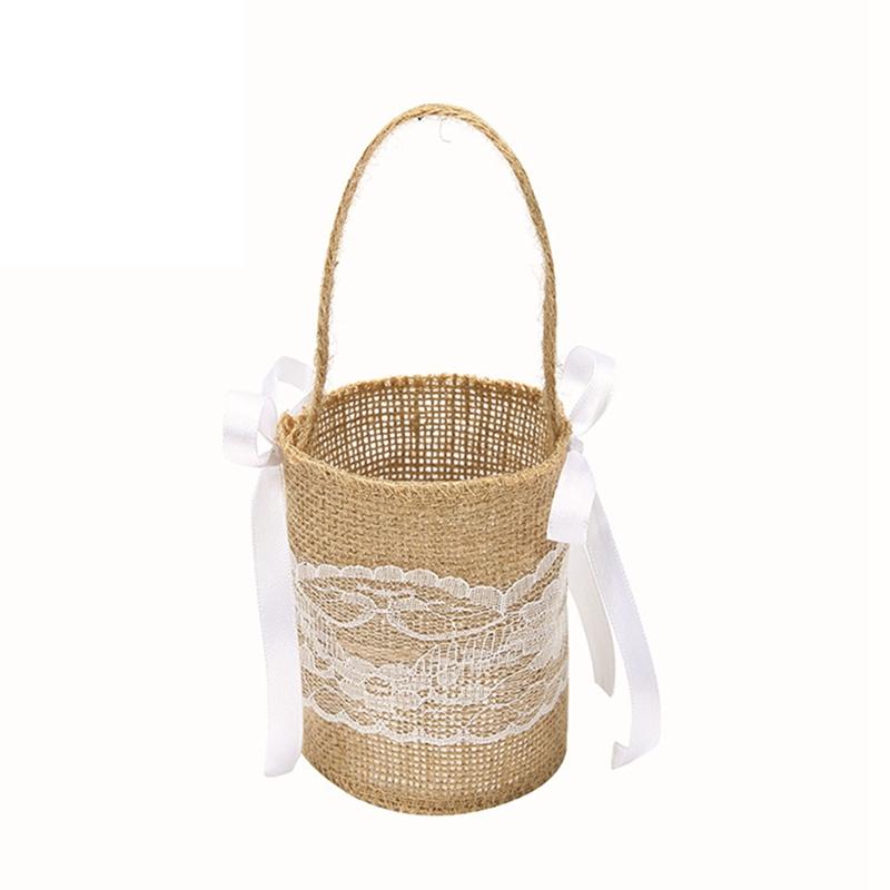 Wedding Lace Burlap Flower Basket Linen Handle Vintage Rustic Wedding Ceremony Table Decoration Baby Shower Party Candy Gift Bag