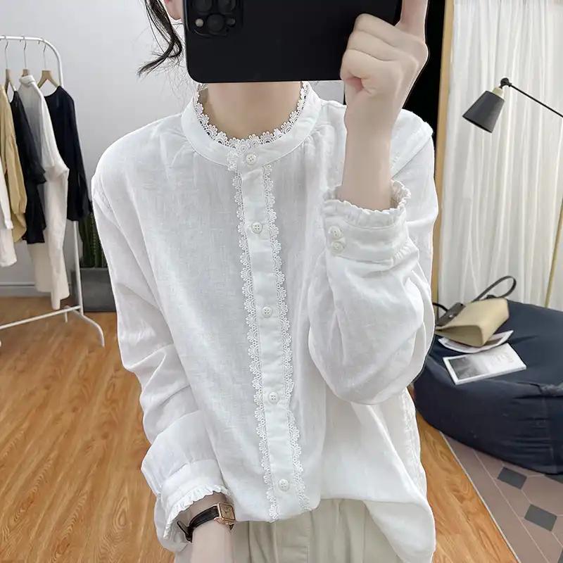 

Lotus Le Sleeve Pure Cotton Long-sleeved Women s Lace Spliced Top Spring Loose Retro Stand Collar Bottoming Shirt L білий