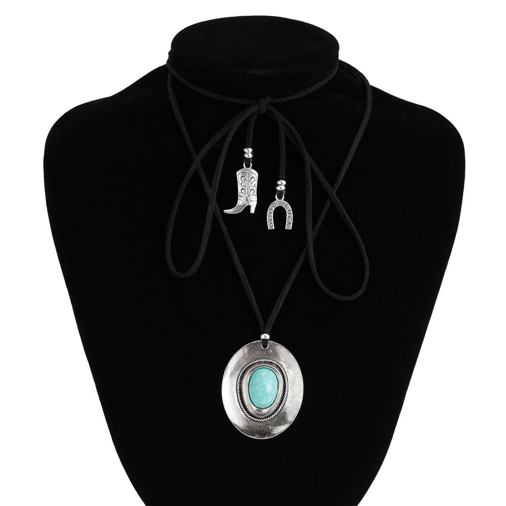 Vintage Denim Style Hat Turquoise Neck Chain Choker Ethnic Style Personalized Flannel Wrapped Necklace
