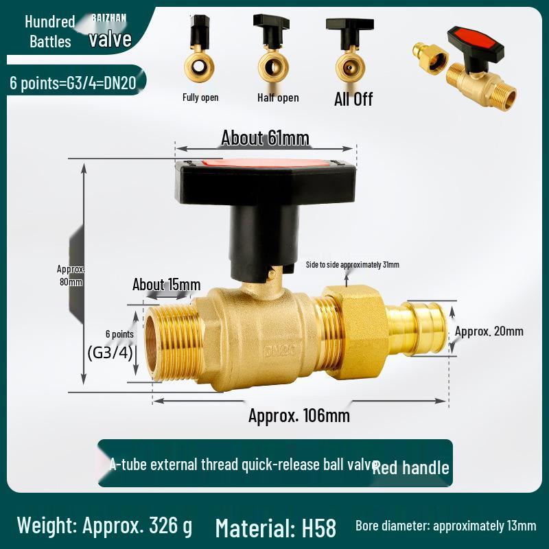 High-Flow Copper Ball Valve with Quick Connect for Fan Coil Units, Dual Thread Male and Female, 1-Inch and 3/4-Inch Options