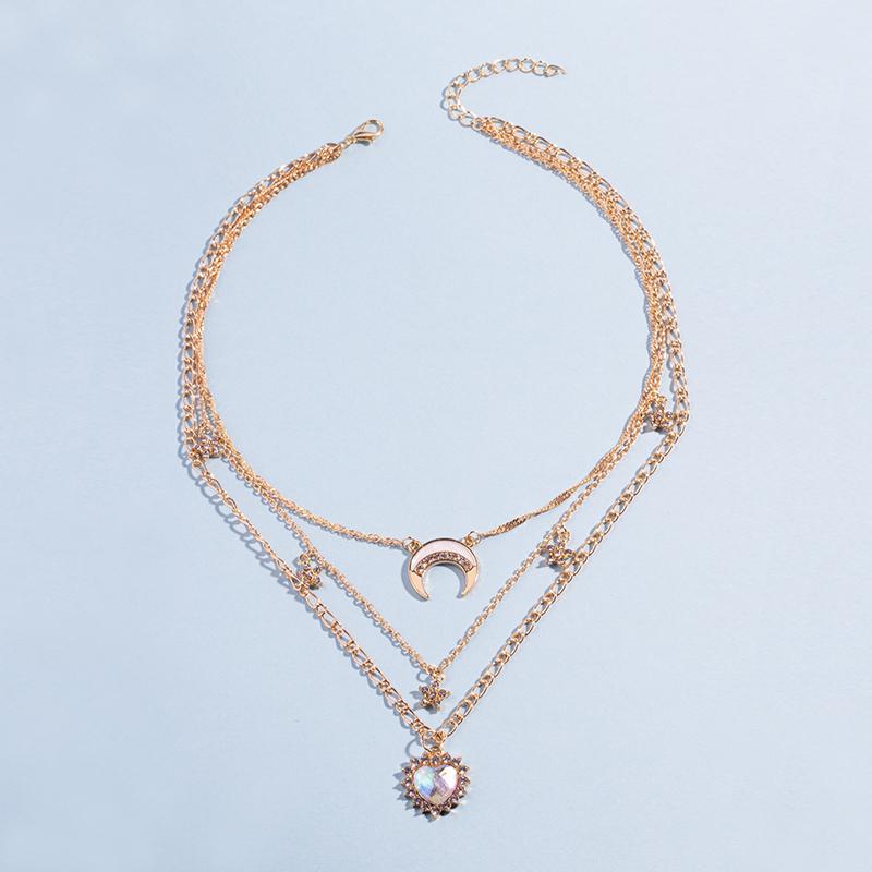 Multi Layer Gold Color Metal Necklace Vintage Love Heart Crystal Necklace Alloy Moon & Crystal Necklace for Women and Girls