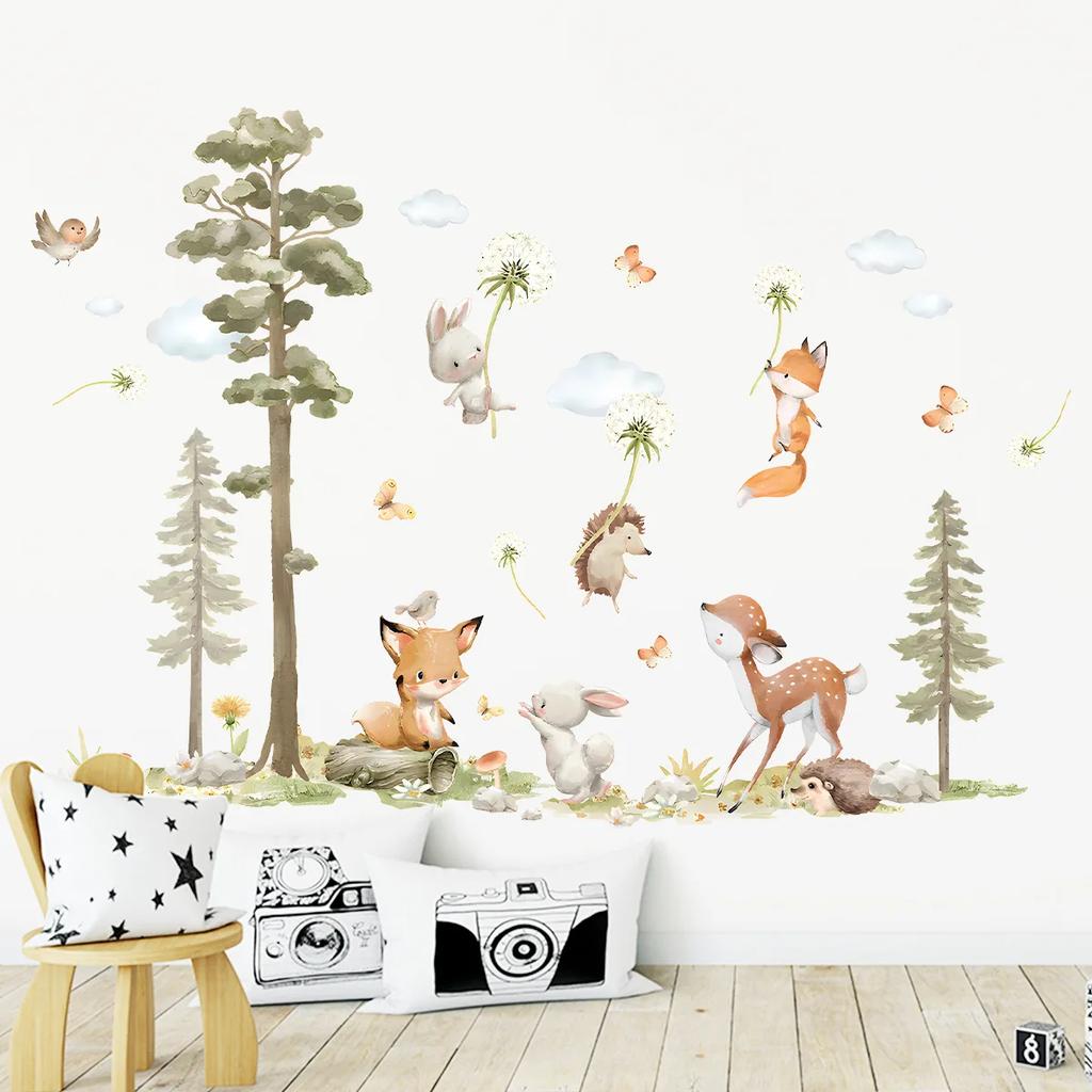 Cartoon Forest Big Tree Animals Wall Stickers Hedgehog Dandelion Decals for Children's Room Baby Bedroom Home Wall Decoration