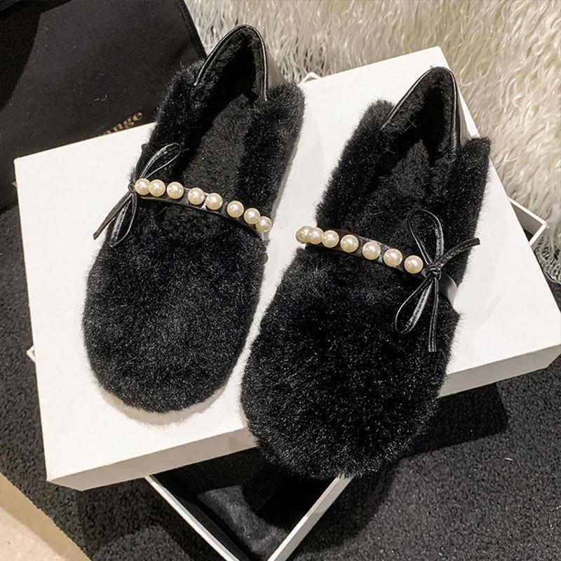 Xiaoxiangfeng Fluffy Shoes Women's Autumn and Winter New Soft Flat-bottomed Velvet Bean Shoes Warm Cotton Shoes