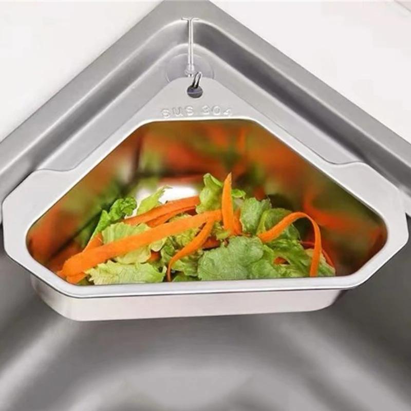 Stainless Steel Sink Drain Basket Triangle Filter 304 Kitchen Sink Organizer Dish Rack Vegetable Washing Basket