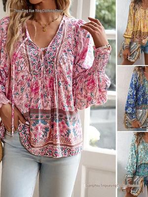 Boho Resort Stil Schnürung Langarm Baumwoll-Oberteil für Damen