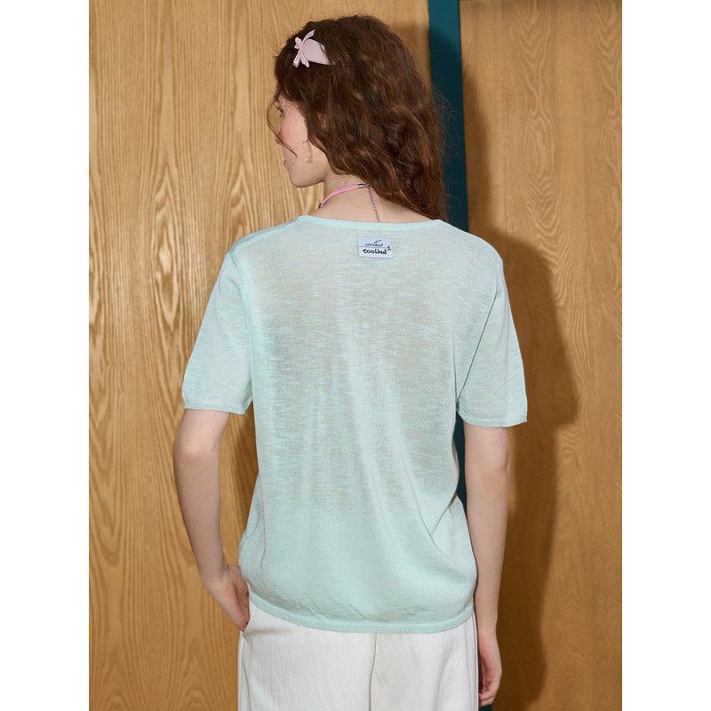 Coolhut Round Neck Cut Out Short-Sleeved Shirt 2025 Summer Women's T-Shirt Thin Knitted Knitwear Versatile Slimming Top