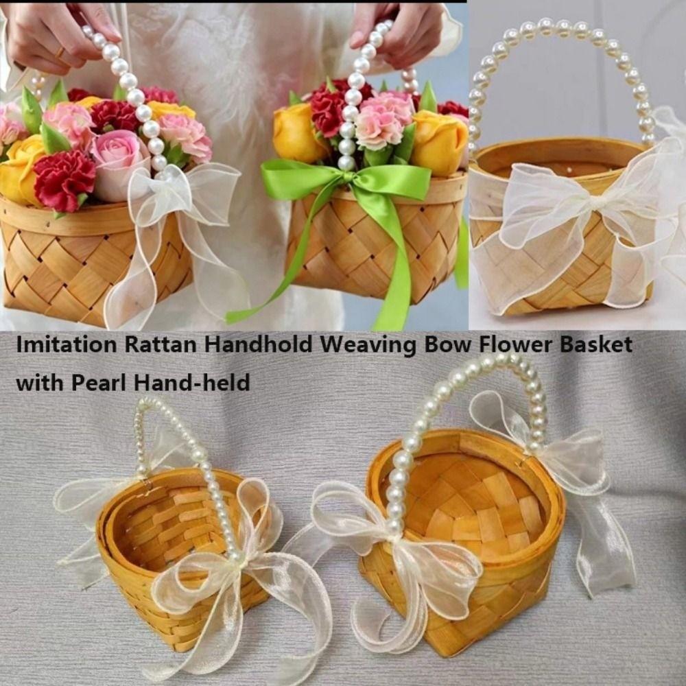 with Pearl Hand-held Imitation Rattan Handhold Handwoven with Riddon Bow Braid Storage Baskets Household 7 Styles