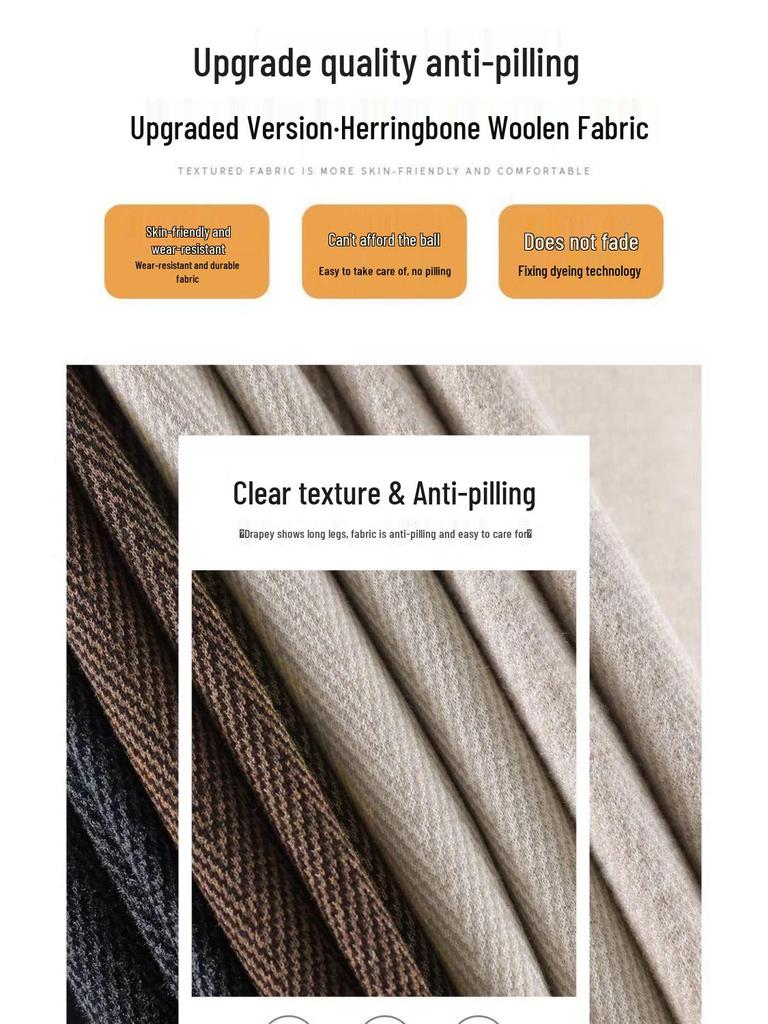 2025 Autumn/Winter Women's High-Waist Herringbone Woolen Pants - Slimming and Versatile with Plus Velvet, Available in Narrow and Wide Leg Fits.