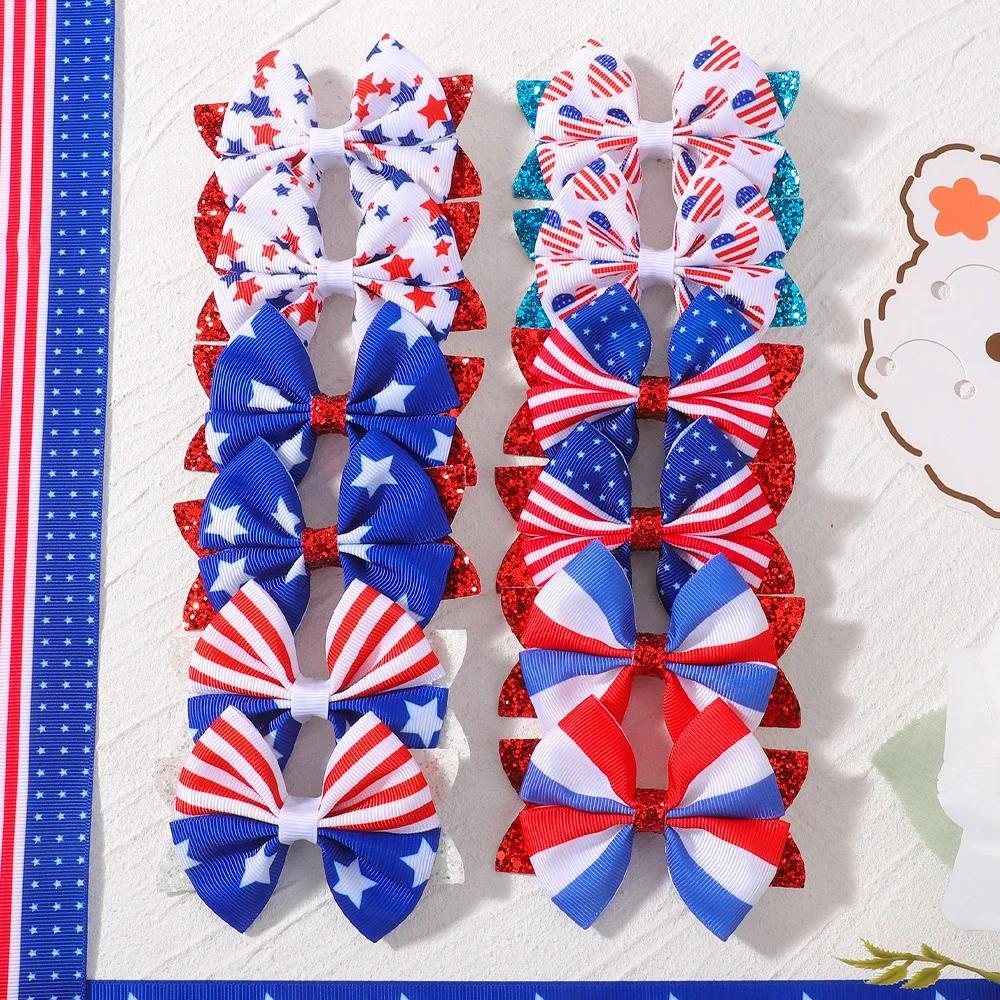 2pcs/set Independence Day Hair Bows Clips for Women Girls Glitter Star Ribbon Bowknot Hairpin American Flag Hair Accessories