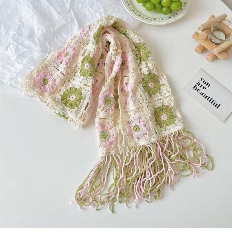 

Вязаный ажурный женский шарф Новый вязаный крючком цветочный декоративный шарф из пряжи Осень Зима Корейский Универсальный Женский Аксессуар onesize зелёный