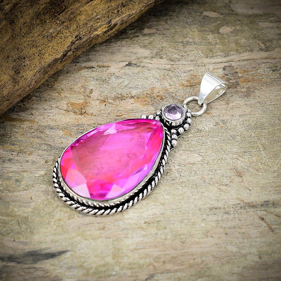 Pink Rubillite, Kunzite Gemstone 925 Sterling Silver Jewelry Pendant 2.44" M-188