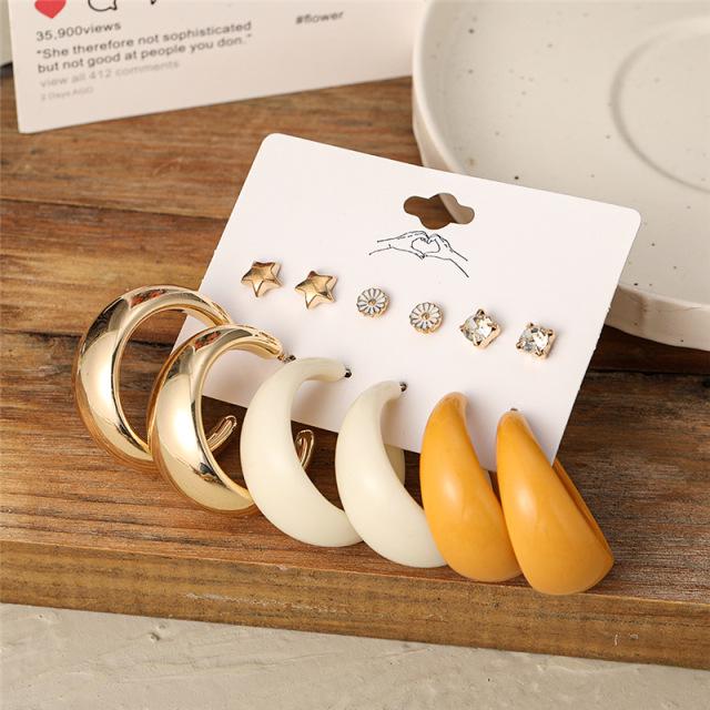 Retro Gold French Geometric Pearl Stud Earrings - 6 Piece Set