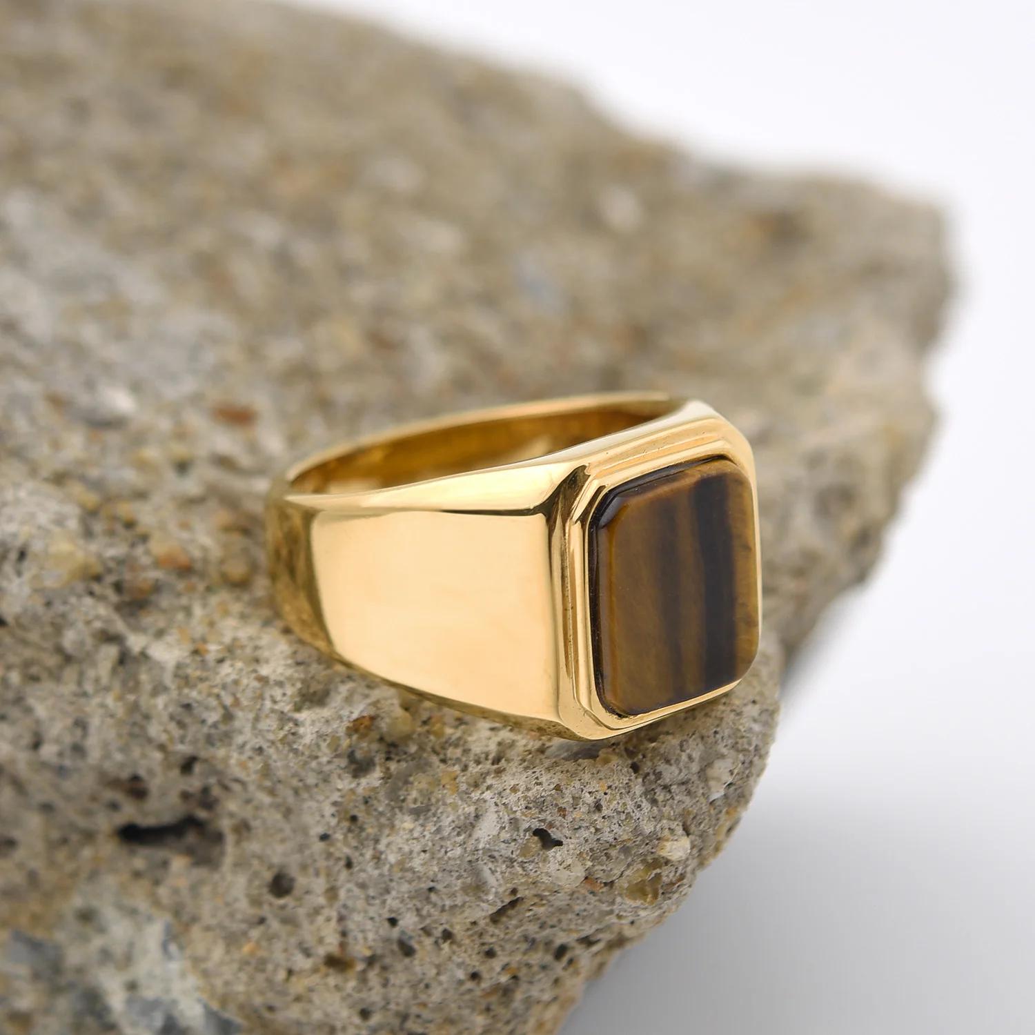

R3381 Men s/Women Trend High Quality 316LStainless Steel Multiple Colors Gemstone Style Onyx Golden Rings Jewelry 13