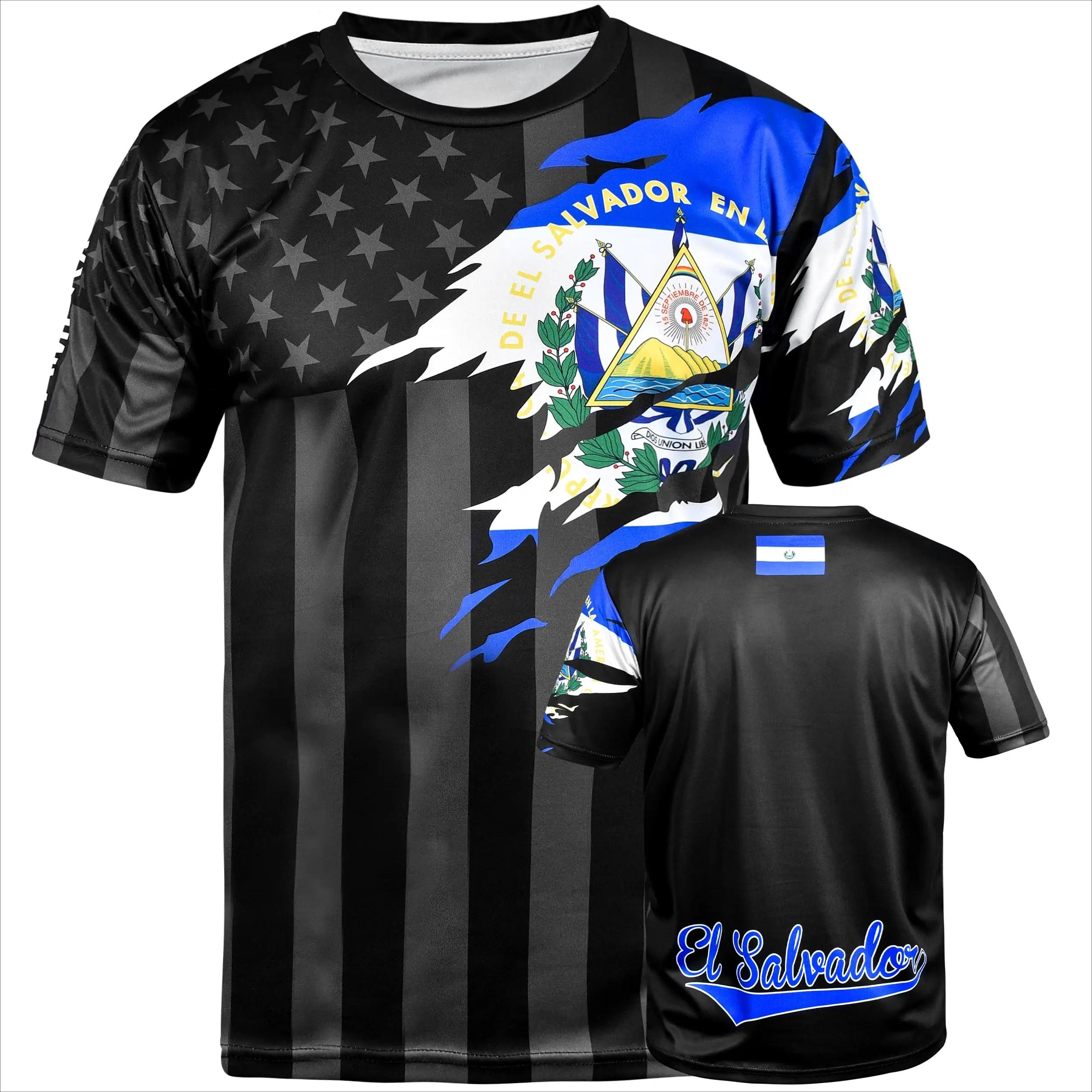 El Salvador Inspired Soccer Jersey Black with American Flag & Salvadoran Emblem El Salvador Print Sports Shirt for Fans S