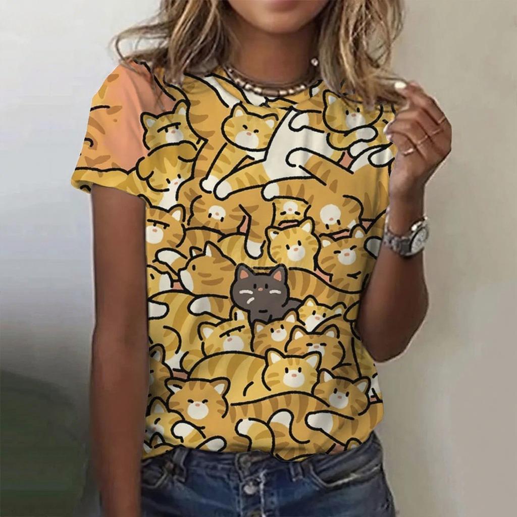 Summer Round Neck 3D Print Kawaii Cat Top Fashionable Casual Short Sleeved Women's T-shirts