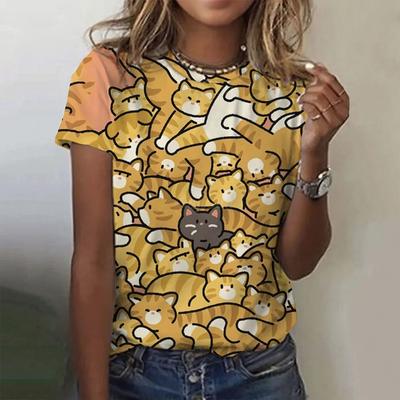 Summer Round Neck 3D Print Kawaii Cat Top Fashionable Casual Short Sleeved Women's T-shirts