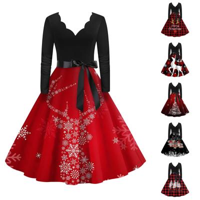 Women's Vintage Classic Dress Long Sleeve Christmas Print V-neck Swing Dress